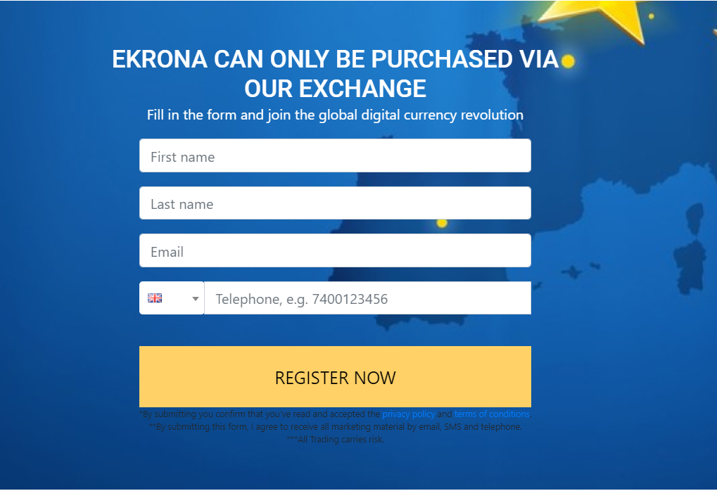Formulário de registro da Ekrona